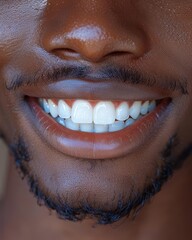 Close-up of a joyful smile showcasing white teeth and facial hair, expressing happiness and good dental health.