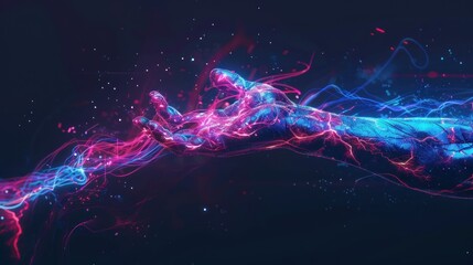 Hand with cosmic neon light trails