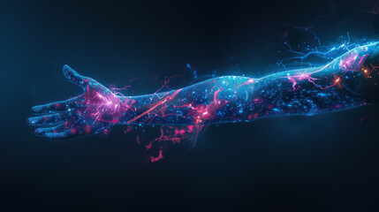 Digital arm reaching out with cosmic particles