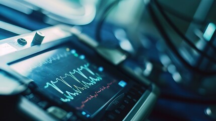 Close-up of a portable ECG machine in use, detailed readout of cardiac activity, precision medical technology