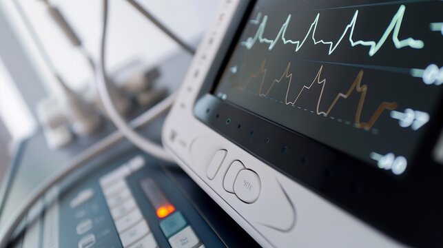Close-up of a portable ECG machine in use, detailed readout of cardiac activity, precision medical technology. 