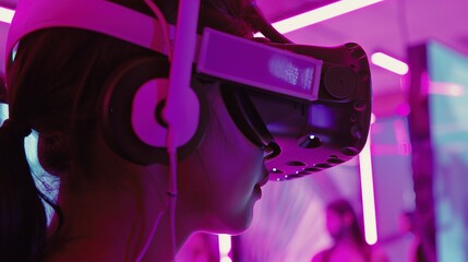 Close-up of a virtual reality headset demo, audience member immersed, focusing on the vivid display inside. 