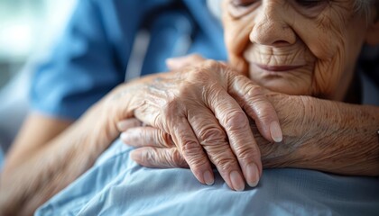 Fototapeta premium Close-up of elderly hands resting on a caregiver's shoulder, symbolizing support, care, and companionship in senior care.