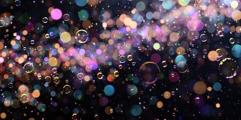 Bursting bubbles of iridescent hues floating against a backdrop of midnight black, capturing a moment of effervescent celebration in this abstract composition.