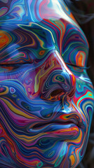 the face of a woman wearing a colorful face with colorful swirls, in the style of hyper-realistic sci-fi, surrealistic grotesque