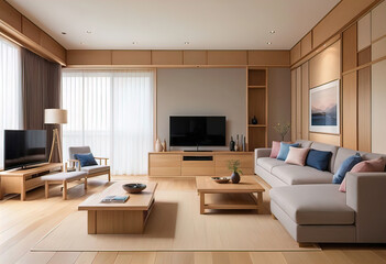 living room in a modern minimalist style with a sofa, and a TV wall made of oak and Japanese style,