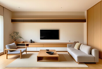 living room in a modern minimalist style with a sofa, and a TV wall made of oak and Japanese style,