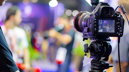 Fototapeta premium Tech journalist recording an interview at an expo, close-up on microphone and digital recorder, capturing insights. 