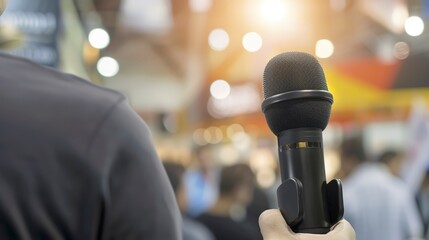 Tech journalist recording an interview at an expo, close-up on microphone and digital recorder, capturing insights. 