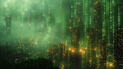 Obraz premium A digital illustration of rapid streams of binary code flowing through a futuristic cityscape, with glowing green numbers against a dark, high-tech background.
