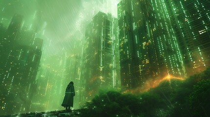 A digital illustration of rapid streams of binary code flowing through a futuristic cityscape, with glowing green numbers against a dark, high-tech background.