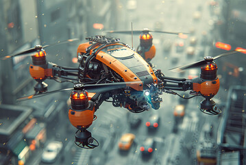 Drone flies over the streets of the city and monitors public order and traffic conditions