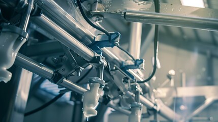 Automated milking machine on a dairy farm, close shot of the mechanism, indoor light 