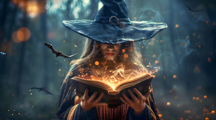 A beautiful young witch with blue eyes, wearing an elegant black and orange dress holding an open book casting a spell