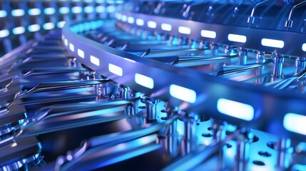 Quantum computer chips in a cryogenic chamber, macro view, soft blue glow 