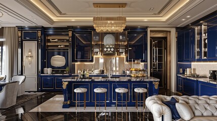 A luxurious kitchen lobby with royal blue lacquered cabinets, a central onyx island, and a cozy seating area with white tufted furniture.