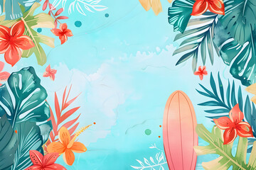 Obraz premium Cute cartoon summer with surfboard frame border on background in watercolor style.