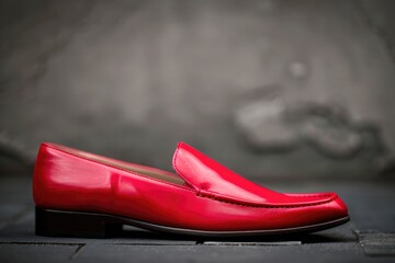 Bold crimson leather shoes, making a statement with their intense shade, set against a muted charcoal background.