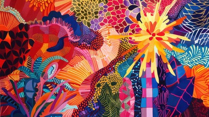 Bold bursts of color weaving through a background of intricate and diverse patterns.