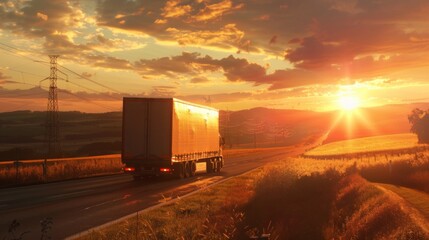 Large Transportation Truck on a highway road through the countryside in a beautiful sunset