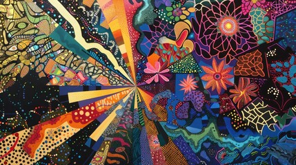 Bold bursts of color weaving through a backdrop of intricate and diverse patterns, creating a dynamic visual.