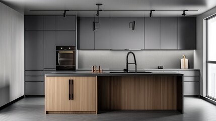A minimalist country kitchen with grey cabinets, a light wood island, and black fixtures, creating a sleek and modern space.