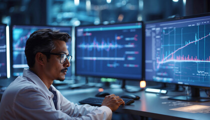 A scientist checks his research results on the monitors