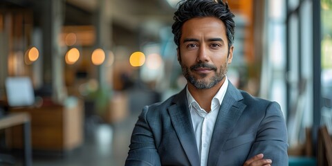 Confident Asian Business Executive with Arms Crossed Amid Blurred Finance Office Backdrop