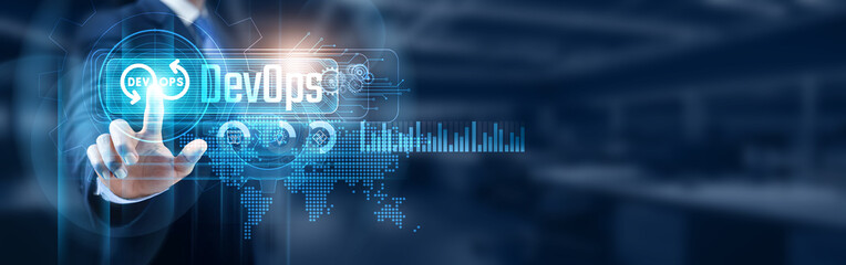 Businessman touching DevOps (Development and Operations) network connection, data integration and continuous deployment automation and cloud computing concept.
