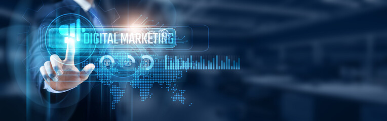 Businessman touching digital marketing icons, network connection, data analysis and customer engagement, branding and growth strategy concept.
