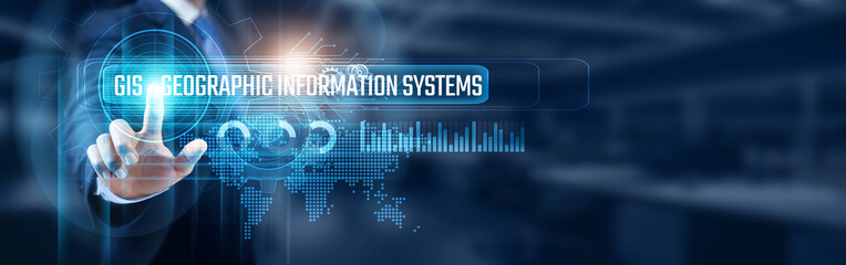 Businessman touching digital screen with geographic information systems (GIS) network connection, data analysis and spatial relationships, mapping and location intelligence concept.