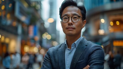 Fototapeta premium Confident Singaporean Corporate Executive in Charcoal Gray Suit Crossing Arms Against Futuristic Skyscraper Backdrop