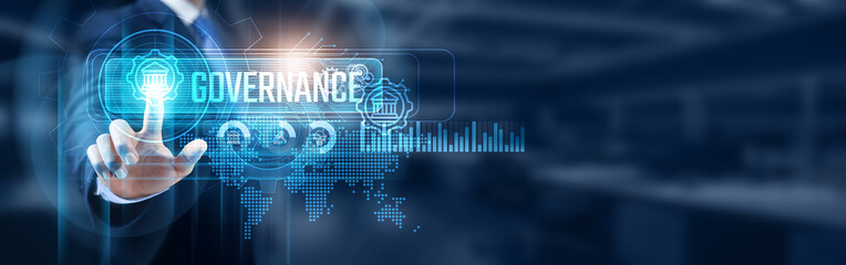 Businessman touching virtual screen with governance network connection, data management and security infrastructure concept. Digital transformation technology.