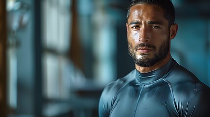 Finely Tuned Middle Eastern Athlete Showcasing High Performance Sportswear with Ample Copyspace for Promotions