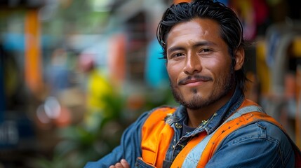 Fototapeta premium Focused Hispanic Construction Worker Crossing Arms in Bright Safety Vest