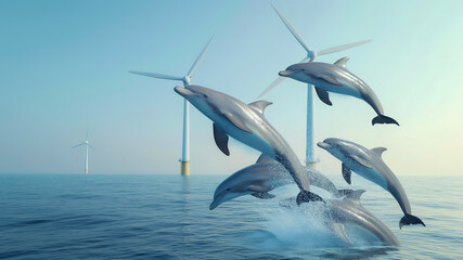 Fototapeta premium Pod of dolphins leaping playfully around a wind turbine in the ocean under a blue sky. 