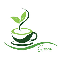 A Green Tea cup logo vector art illustration, a tea cup logo concept with green leave isolated white background