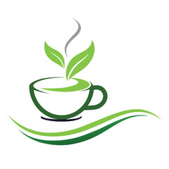 A Green Tea cup logo vector art illustration, a tea cup logo concept with green leave isolated white background
