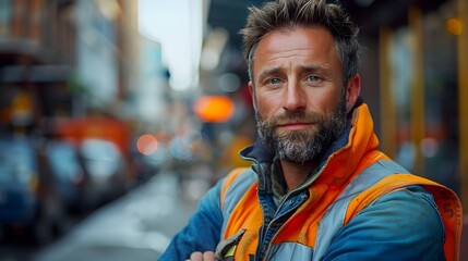 Obraz premium Portrait of a serious construction worker with a neon safety vest and rugged denim overalls set against a blurred job site background
