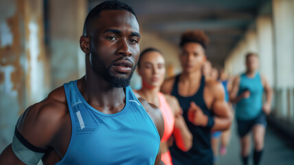 Fototapeta premium Group of runners is running in a marathon race with determination, sport and healthy concept.