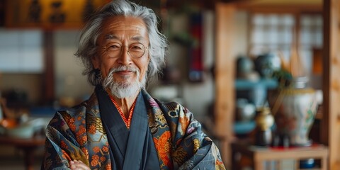 Obraz premium Portrait of a Skilled Japanese Calligrapher Wearing Traditional Kimono in a Blurred Studio Setting