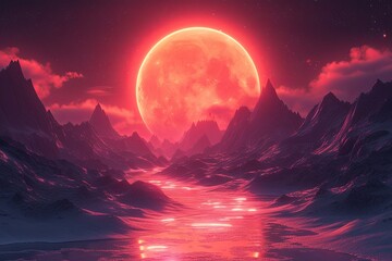 Fototapeta premium Red planet is shining in the sky above the mountain range. The sky is dark and the landscape is peaceful and serene, the moon casts a soft light on the landscape