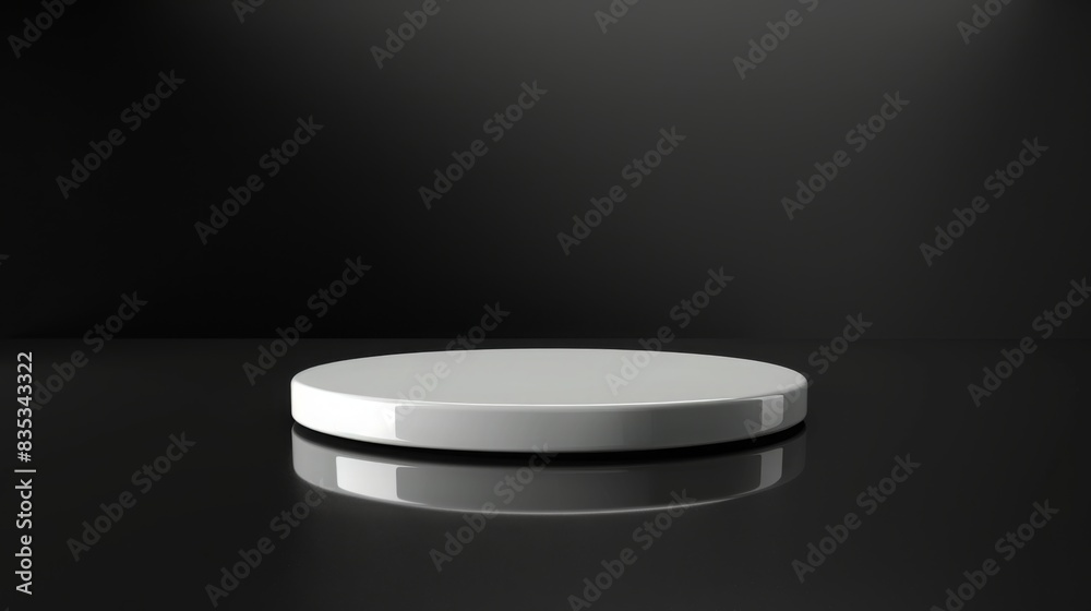 Poster a sleek white round pedestal is positioned against a dark background, spotlighted by studio lighting