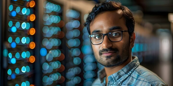 Professional Portrait of an Indian Engineer in a Computer Server Room. Concept Portrait Photography, Professional, Indian Engineer, Computer Server Room