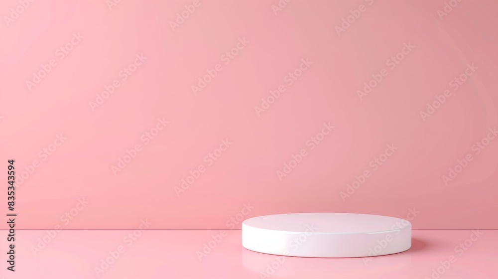 Aufkleber a simple white round pedestal displayed on a plain pastel pink backdrop under soft studio lighting.