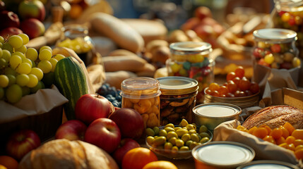 Donation food - fruits, vegetables, bread and canned food