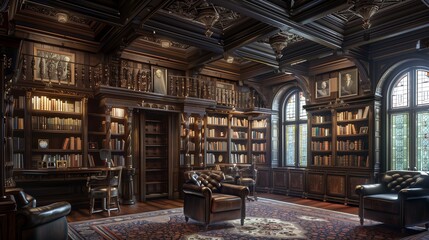 Historic Tudor-style manor house library interior with dark wood paneling, vintage leather armchairs, and ornate ceiling beams