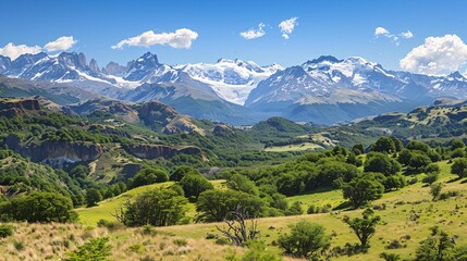 An expansive scene of Patagonia's natural beauty, with rolling green hills, rocky outcrops, and glistening glaciers under a clear, bright sky, evoking a sense of peace and timeless elegance