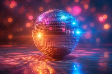 Obraz premium Disco ball with a bright orange and blue center is surrounded by a blurry background. The ball is illuminated by a spotlight, creating a sense of excitement and energy. Fun and festive