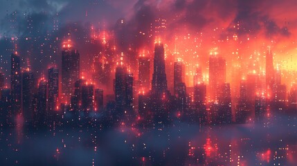 A high-tech illustration of Data Mirage, depicting an urban skyline where the buildings gradually pixelate and dissolve into a digital haze, symbolizing data loss and digital decay.